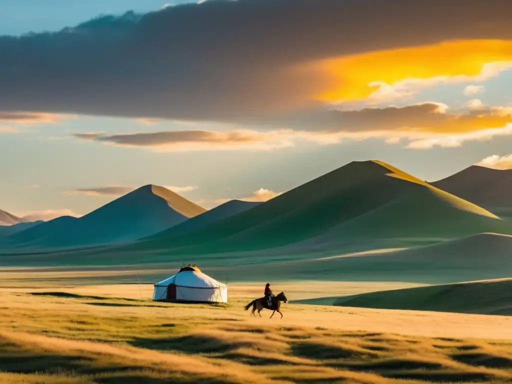 Un nomada en la estepa mongola al atardecer, rodeado de yurtas y paisajes infinitos, evoca la poesía narrativa mongola