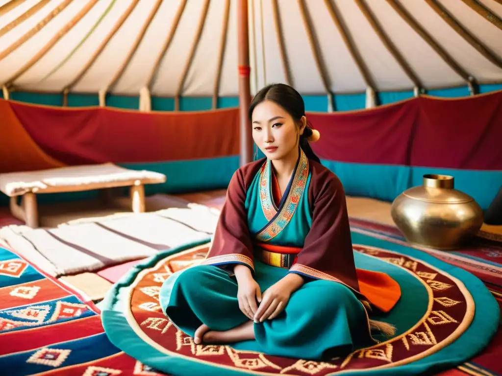 Un nómada mongol crea bordados en una yurta, inmerso en la rica tradición cultural de Proverbios y cuentos populares mongólicos