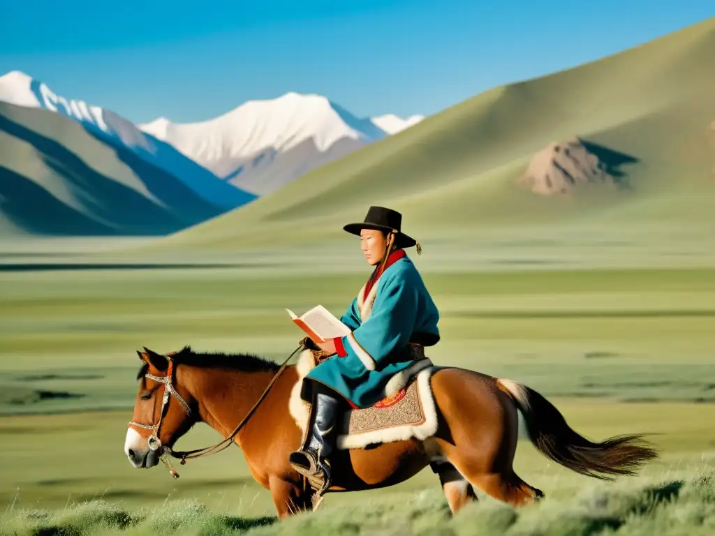 Un nómada mongol contempla el horizonte montado en su caballo, sosteniendo un libro de poesía