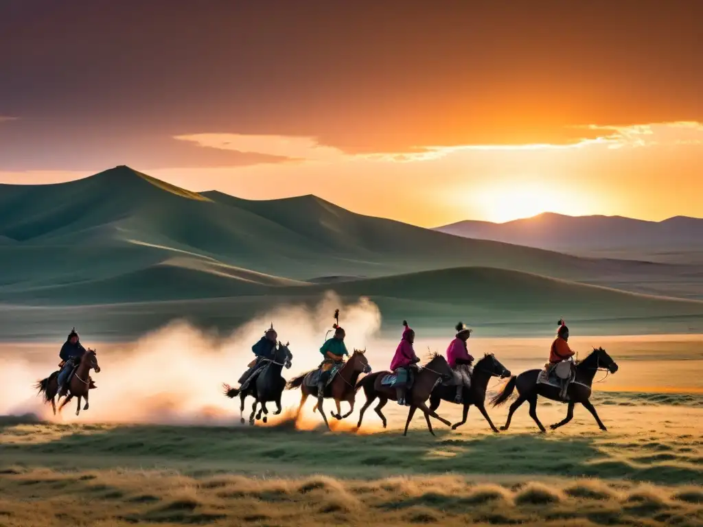 Poesía nómada del Imperio Mongol: jinetes galopando al atardecer en la vasta estepa mongol, bajo un cielo de tonos cálidos