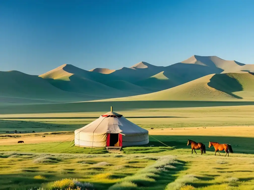 Poesía nómada del Imperio Mongol: Yurta solitaria en la vasta estepa, caballos pastando, montañas al fondo, bajo cielo azul