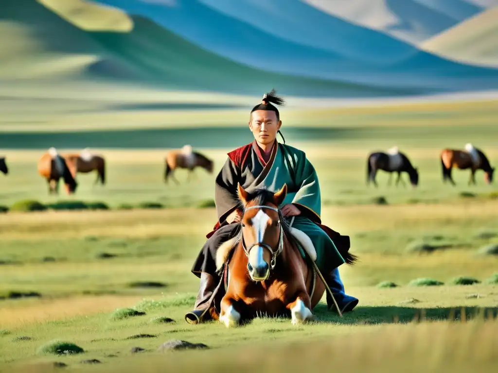 Un nómada mongol montando a caballo en las extensas praderas de Mongolia, rodeado de vida silvestre como caballos salvajes, yaks y águilas