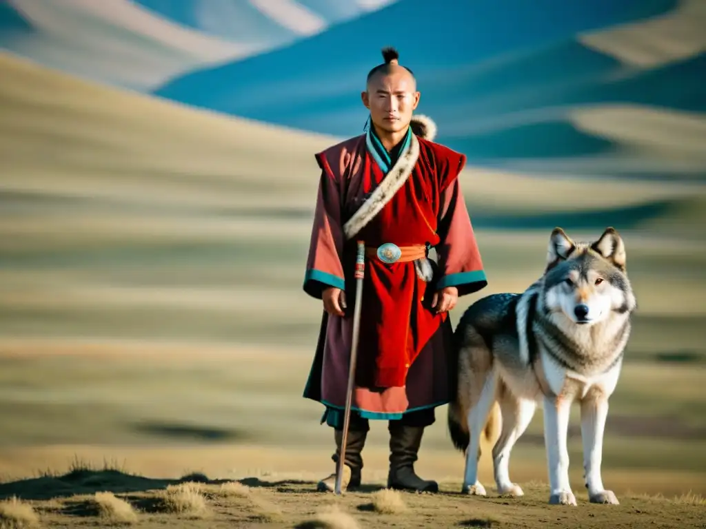 Un nómada mongol se para junto a un majestuoso lobo, reflejando la profunda conexión cultural y el mito de los lobos en la cultura mongola