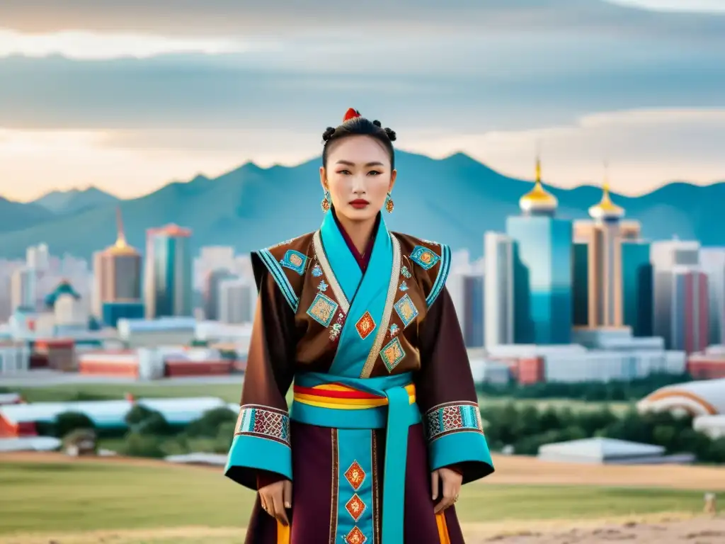 Un nómada mongol viste moda tradicional frente a una ciudad moderna, fusionando lo antiguo y lo actual en un paisaje visualmente impactante