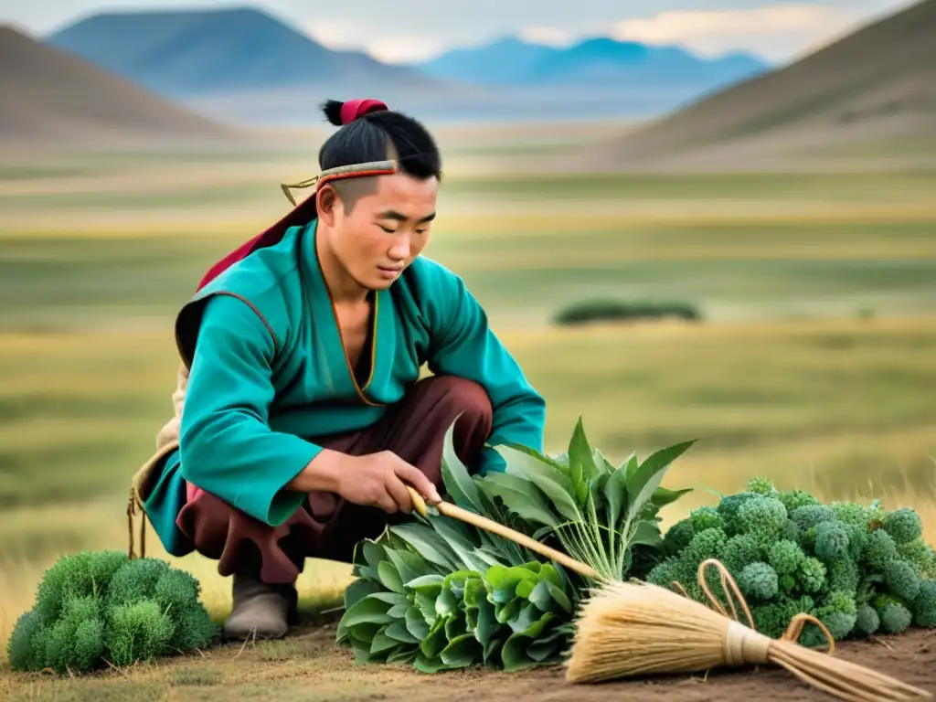 Un nómada mongol cosechando plantas medicinales en la vasta estepa