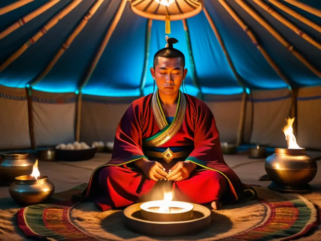 Un nomada mongol realiza un ritual en su yurta, iluminado por velas