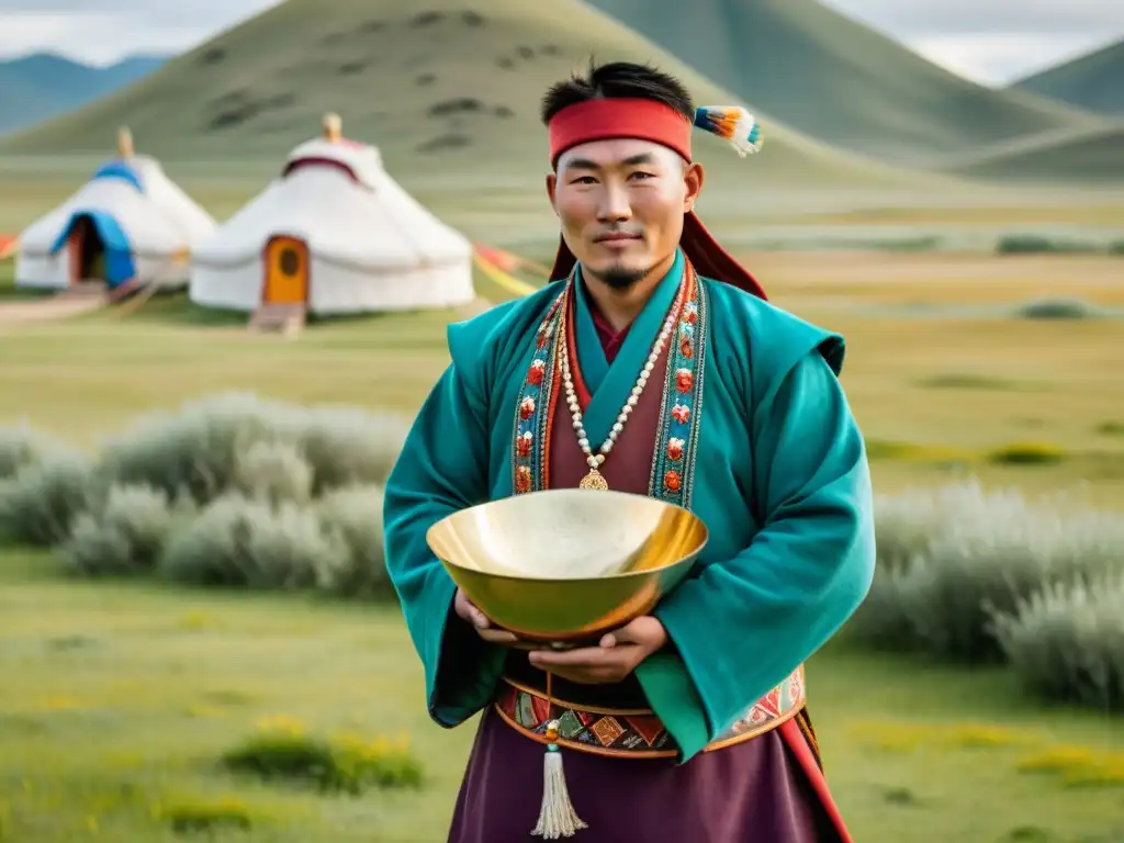 Un nómada mongol vestido con atuendo colorido y sosteniendo un cuenco ceremonial frente a su yurta, rodeado de praderas ondulantes y montañas lejanas