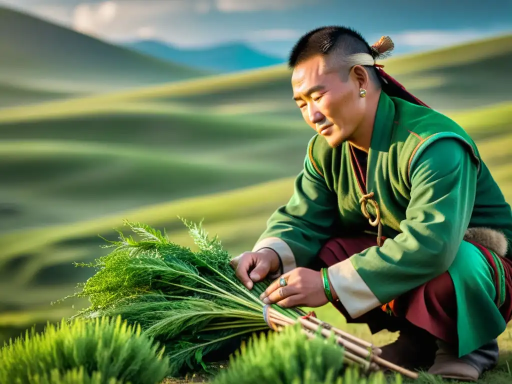 Un nómada mongol recoge plantas medicinales en la vasta estepa, con anillos de plata en sus manos