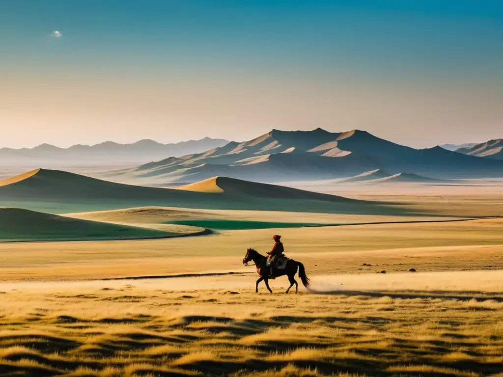 Un nómada solitario a caballo en la estepa mongol, con gers y ganado, captura la influencia del Imperio Mongol en un paisaje atemporal y vibrante