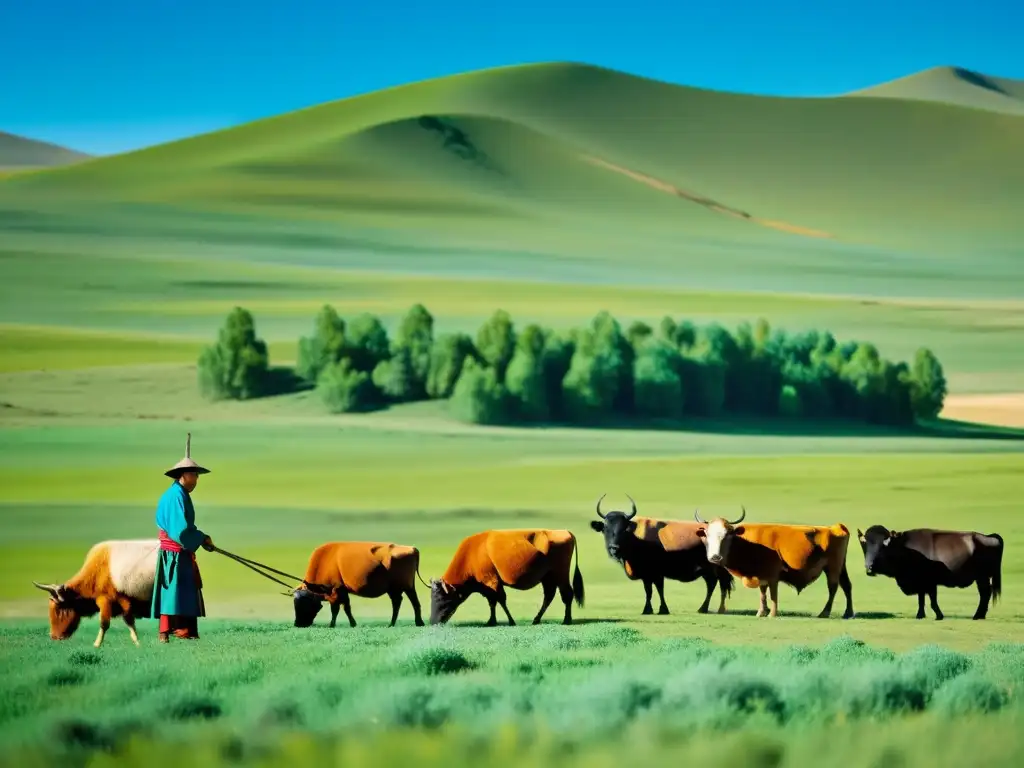 Un nómada mongol cultiva la tierra con herramientas antiguas, rodeado de colinas verdes y un cielo azul