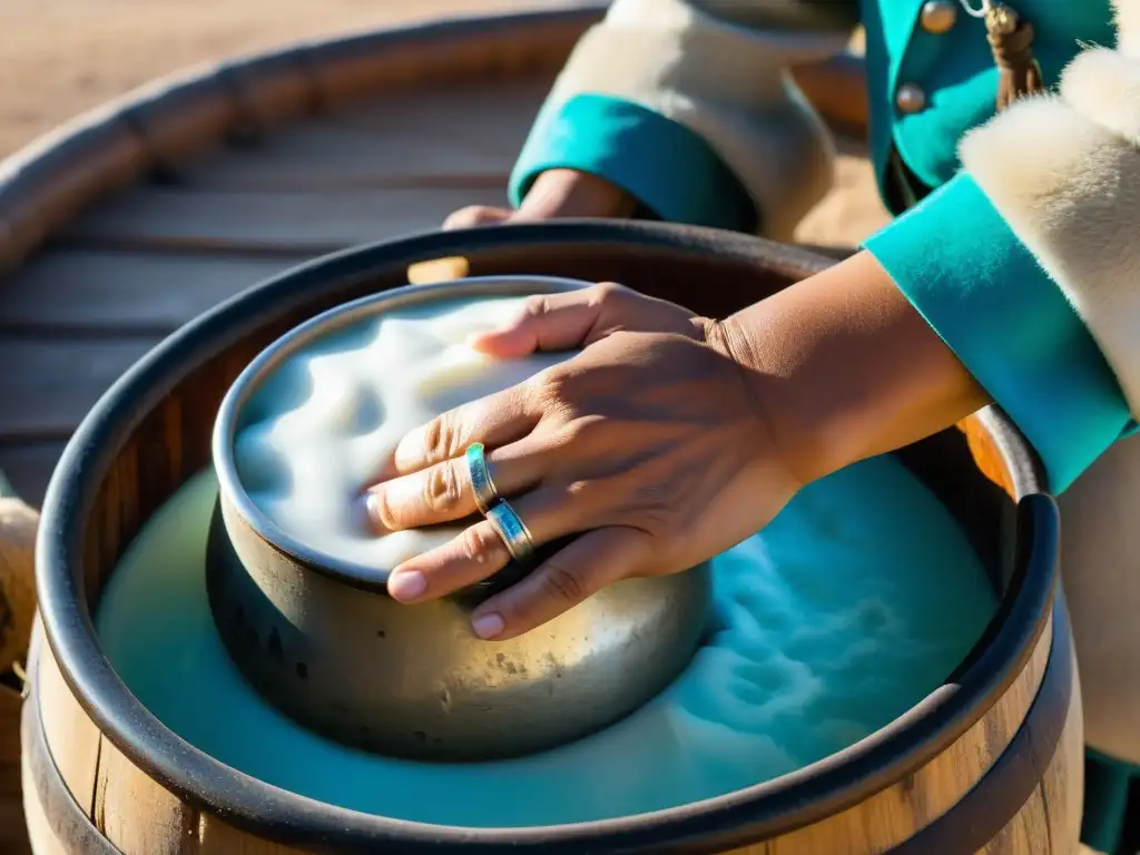 Un nomada mongol tradicional churns airag en una vat de madera en la estepa mongola, capturando la esencia de la tradición del airag en Mongolia