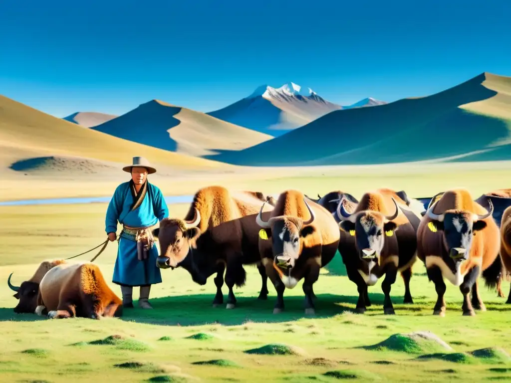 Nomada mongol ordeñando un yak en la estepa mongola, destacando la alimentación nómada mongola lácteos y la belleza natural del paisaje