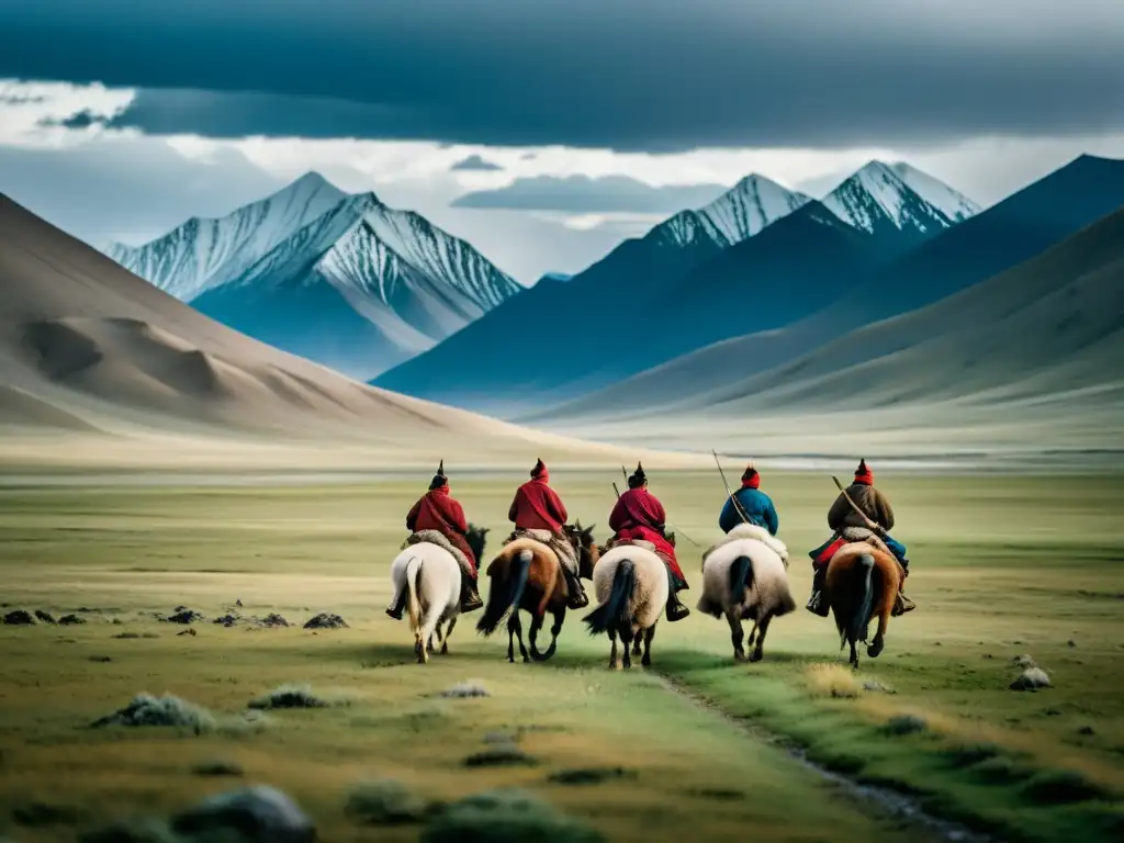 Nomadas mongolas conduciendo un rebaño de yak en la vasta estepa de Mongolia bajo un cielo dramático