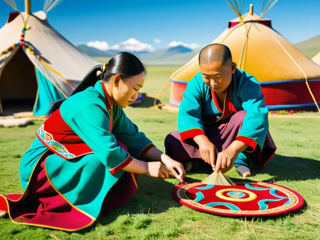 Nomadas mongoles creando arte tradicional con hilos de colores en las praderas, mostrando la conexión cultural entre arte y vida nómada en Mongolia