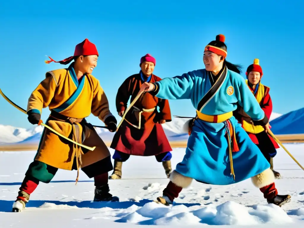 Nomadas mongoles participando en Juegos de invierno en la estepa nevada, con montañas nevadas y cielo azul de fondo