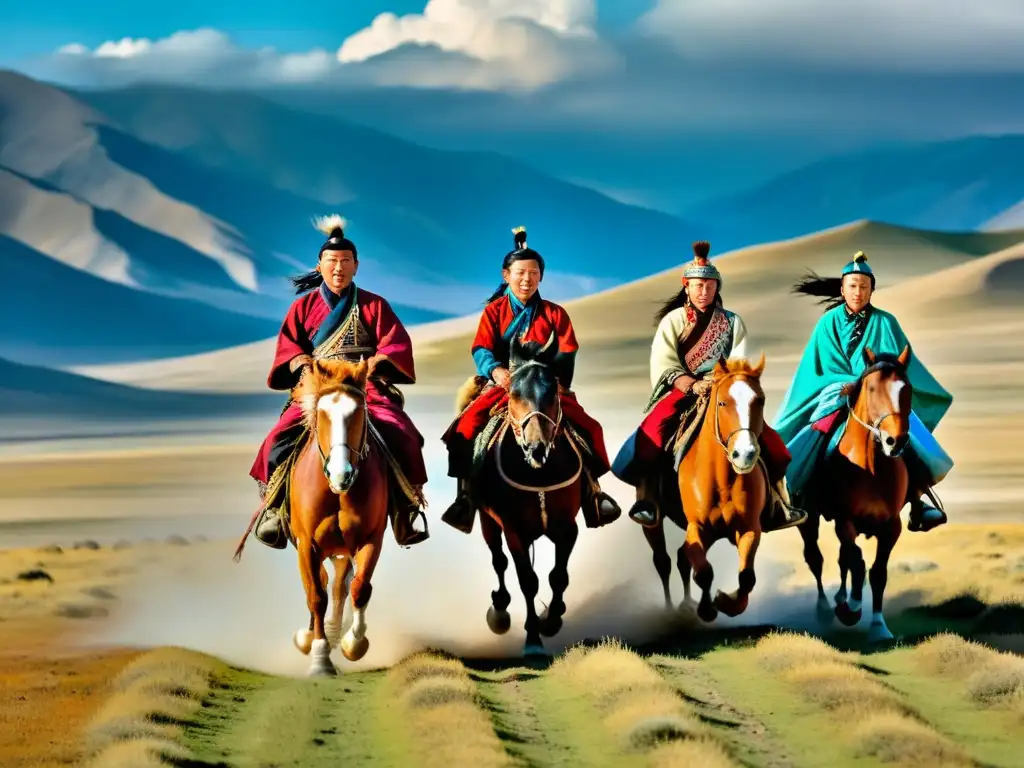 Nomadas mongoles cabalgando en la estepa, con montañas al fondo, evocando la libertad y las relaciones mongolas con reinos europeos