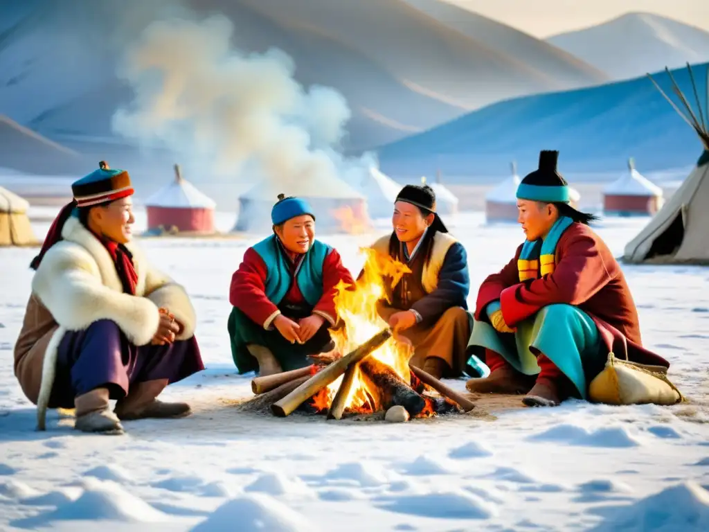 Nomadas mongoles celebrando Tsagaan Sar alrededor de una fogata en la nieve, con yurtas y caballos