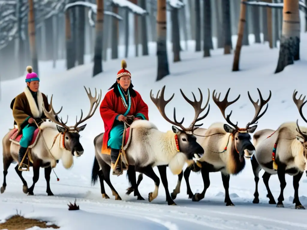 Nómadas Tsaatan montando renos en un bosque nevado de Mongolia