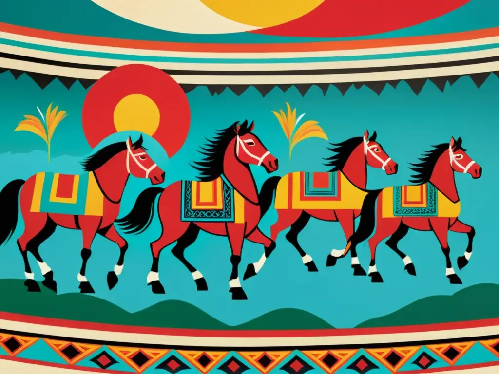 Una obra de arte contemporáneo inspirada en la cultura mongol, con vibrantes colores y símbolos tradicionales como la yurta y los caballos