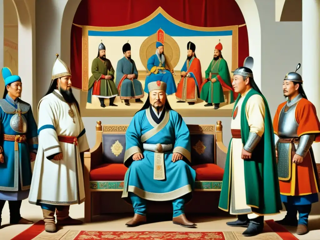 Obra de arte que muestra el encuentro entre Genghis Khan y príncipes rusos, destacando la influencia del derecho mongol en las leyes rusas medievales