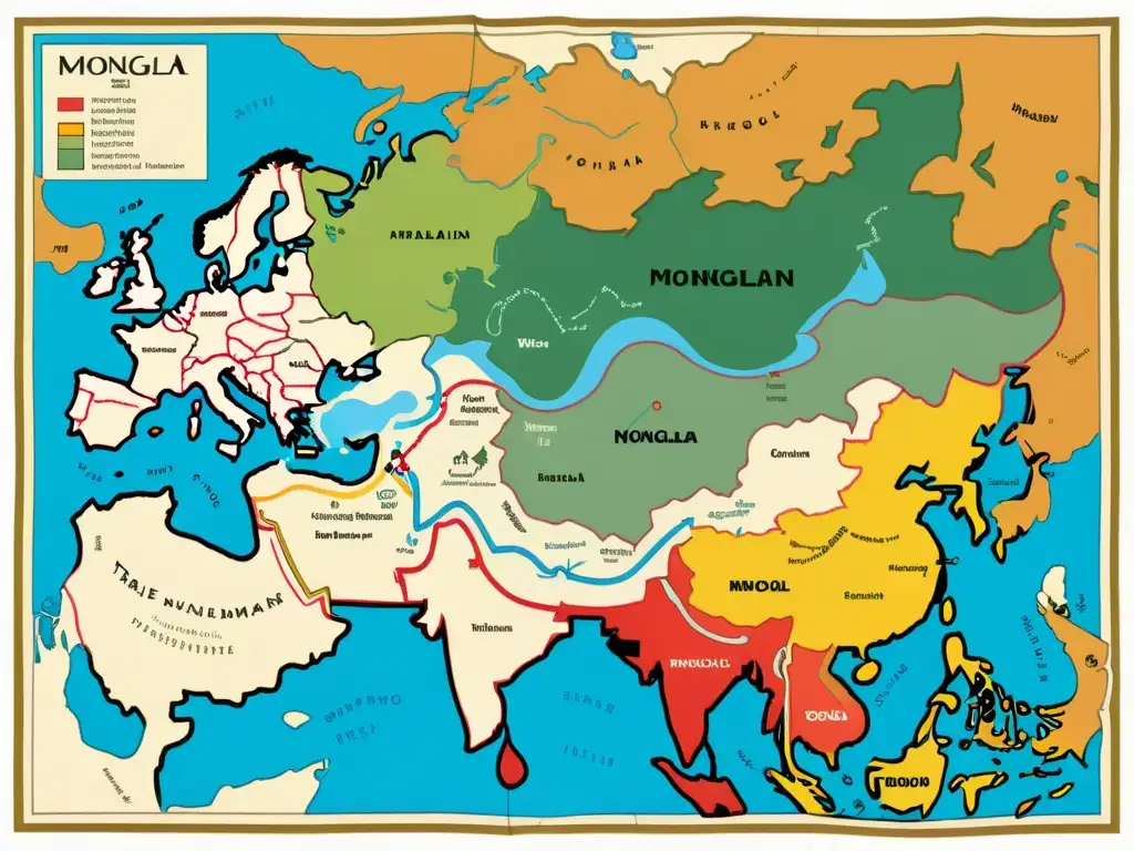 Una obra maestra de cartografía del Imperio Mongol, detallada y llena de color, que muestra la precisión y complejidad en la creación de mapas