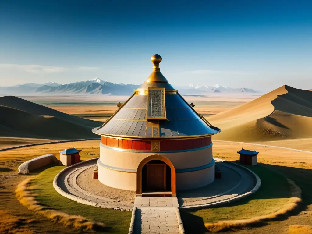 Observatorio astronómico antiguo en Mongolia, legado del Imperio Mongol moderno, bañado en cálida luz solar, con paisaje vasto y misterioso