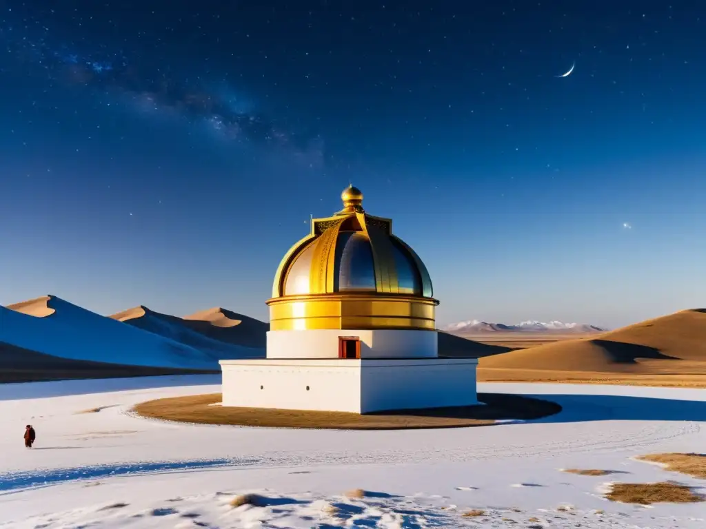 Observatorio astronómico mongol en las estepas, con instrumentos detallados y astrónomos