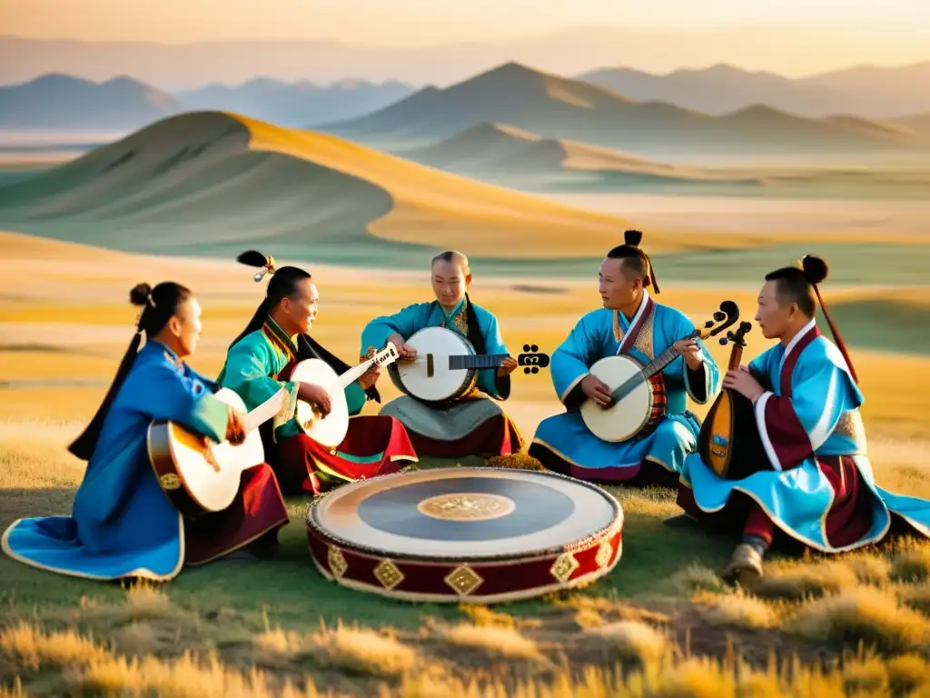 Una orquesta tradicional mongola de instrumentos nómadas toca con maestría en la vasta estepa al atardecer, envuelta en una luz dorada