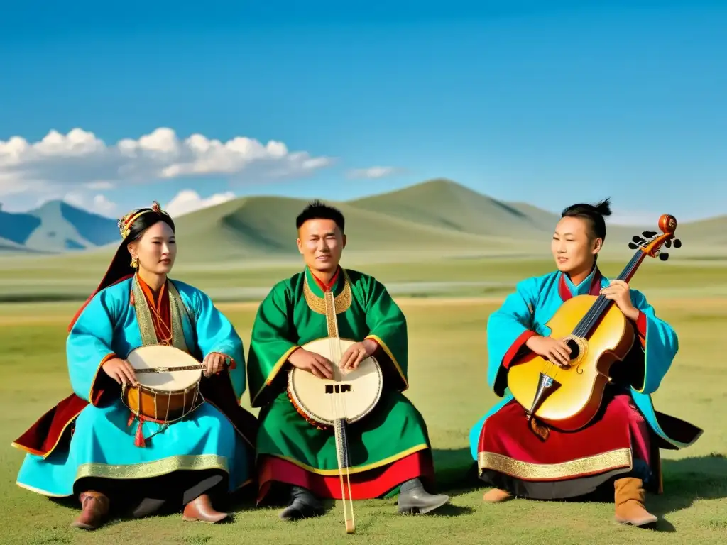 Orquesta tradicional mongola interpretando instrumentos nómadas bajo el cielo abierto de las estepas mongolas, conectando música y naturaleza