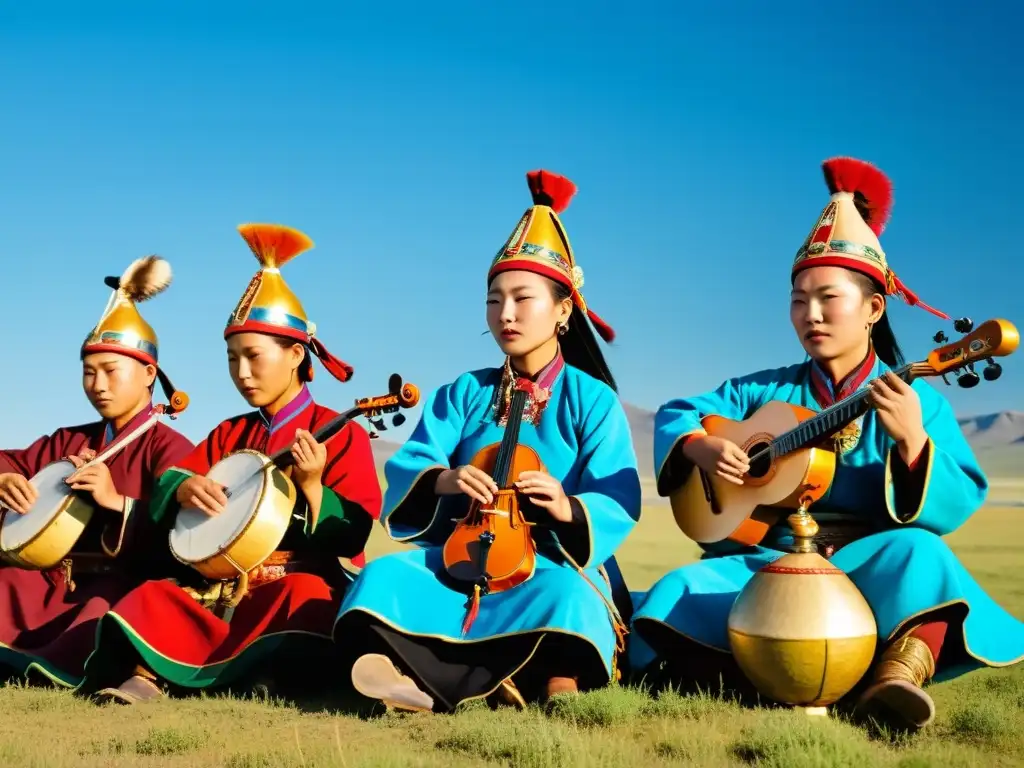 Orquesta tradicional mongola tocando instrumentos nómadas en la vasta estepa bajo el cielo azul