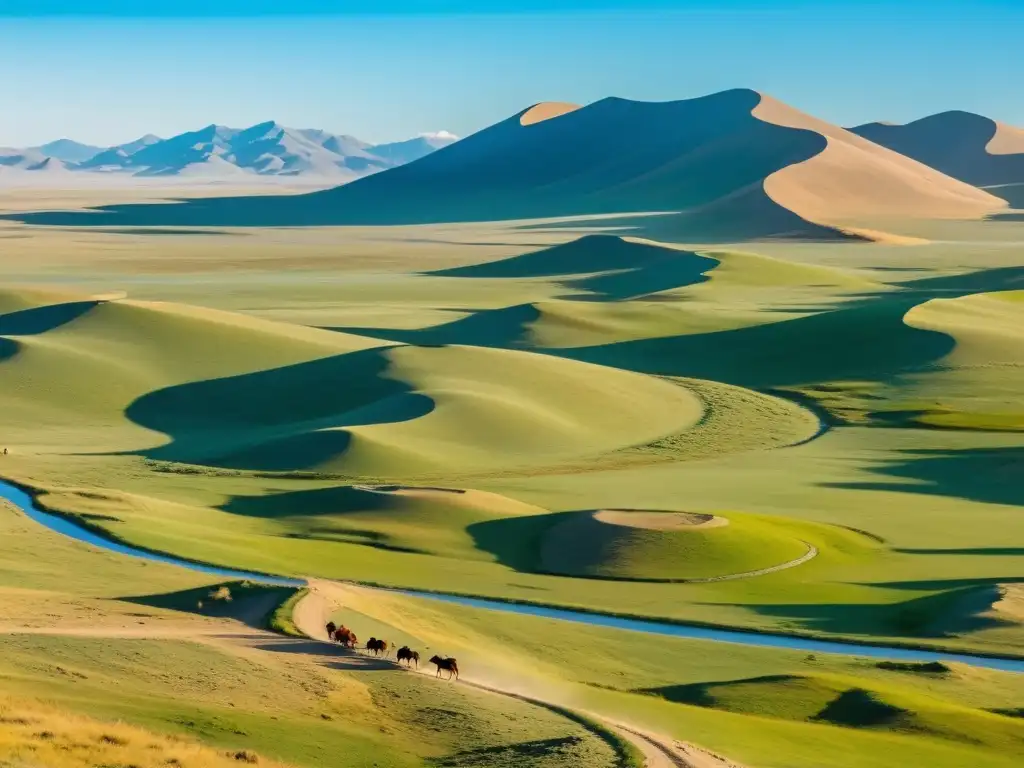 Un paisaje de estepa abierto con un camino de tierra serpenteante que se extiende hacia el horizonte, rodeado de colinas y un cielo azul claro