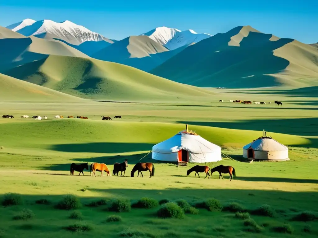 Cosmovisión mongola paisaje ancestral: majestuoso paisaje mongol con montañas nevadas, valles verdes y caballos pastando pacíficamente