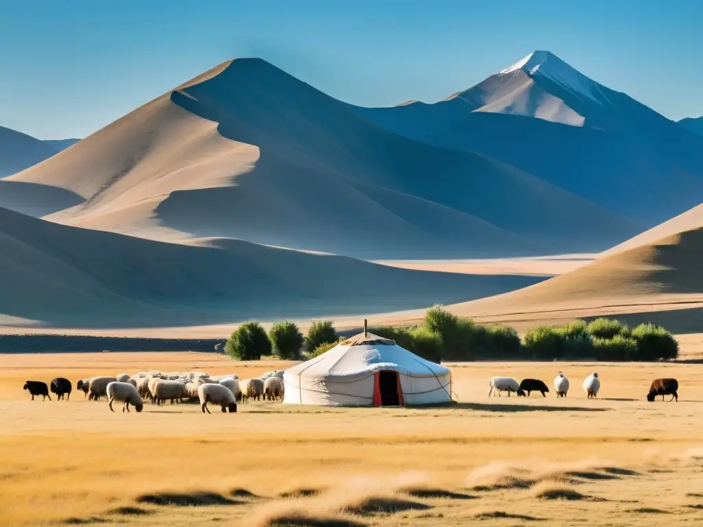 Un paisaje ancestral mongol, donde un solitario ger se destaca en la vasta estepa