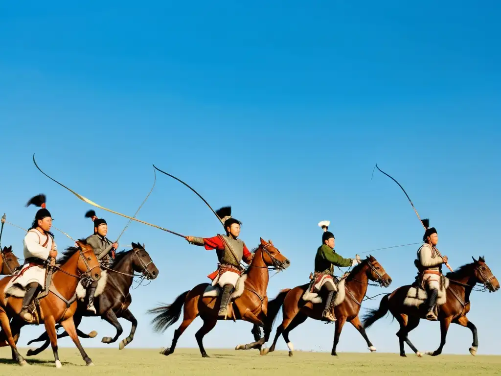 Un paisaje de estepa mongola con arqueros a caballo, destacando tácticas militares mongolas en profundidad