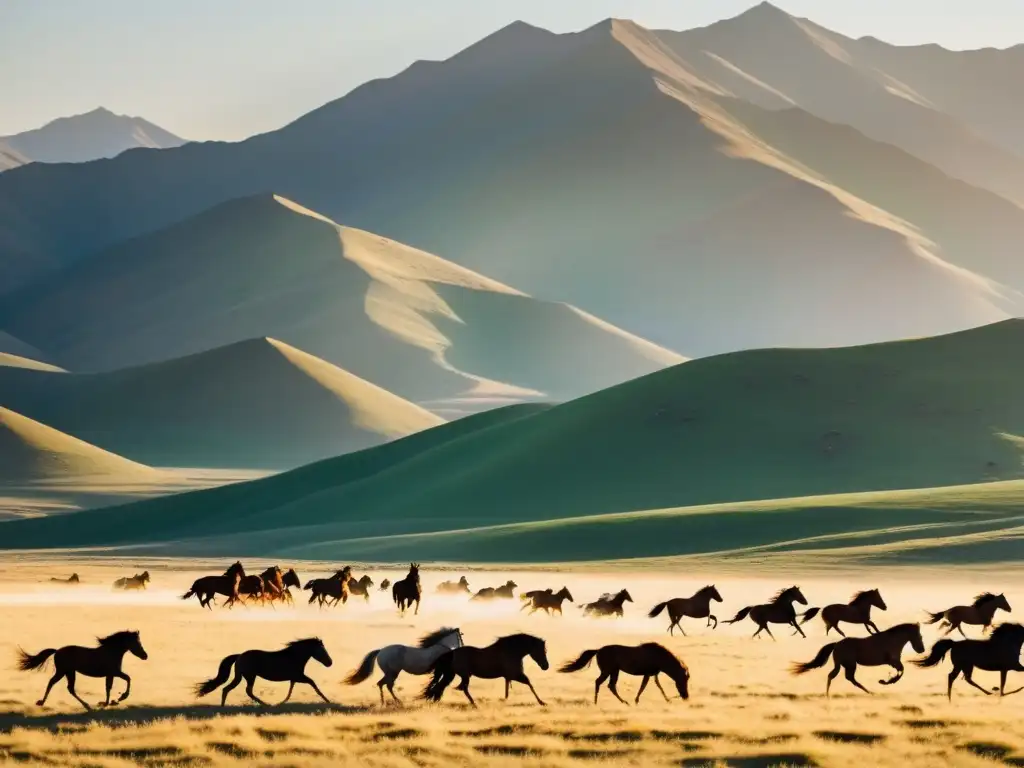 Un paisaje de estepa mongolica con caballos salvajes y un águila, mostrando la armonía natural frente al impacto ambiental de las conquistas mongoles