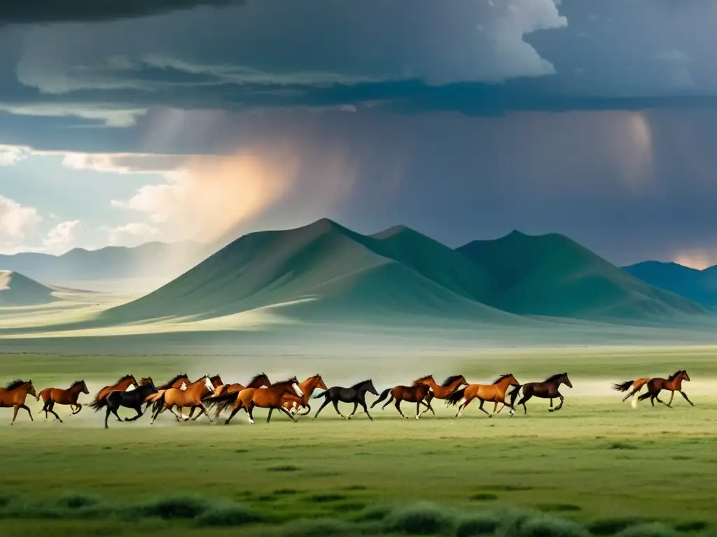 Un paisaje de estepa mongol con caballos salvajes corriendo y nómadas cuidando ganado, mostrando el impacto cultural conquistas mongoles