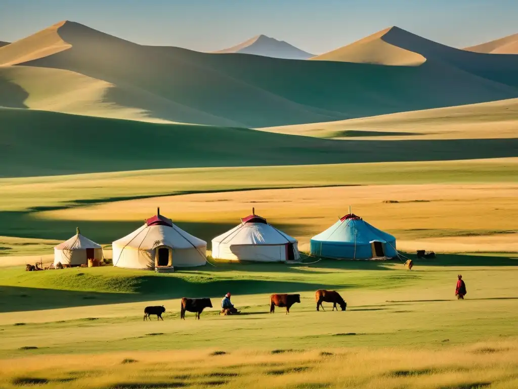 Un paisaje de estepa mongol con nómadas yurtas y ganado bajo el cielo azul