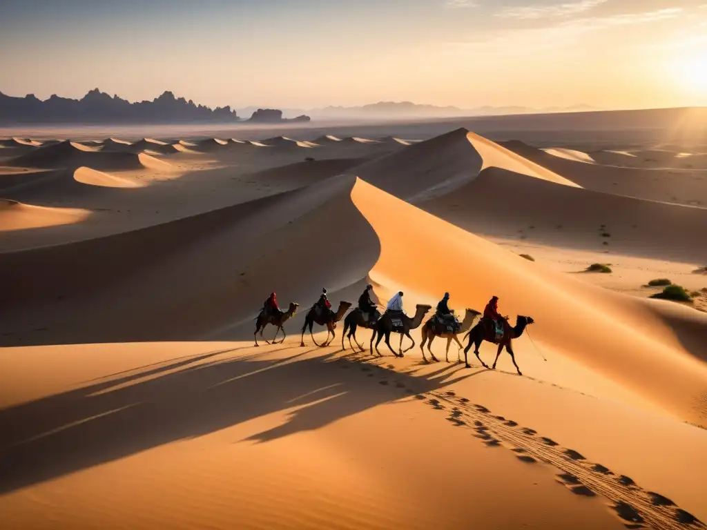 Un paisaje desértico árido con un nómada liderando una caravana de camellos en las estepas