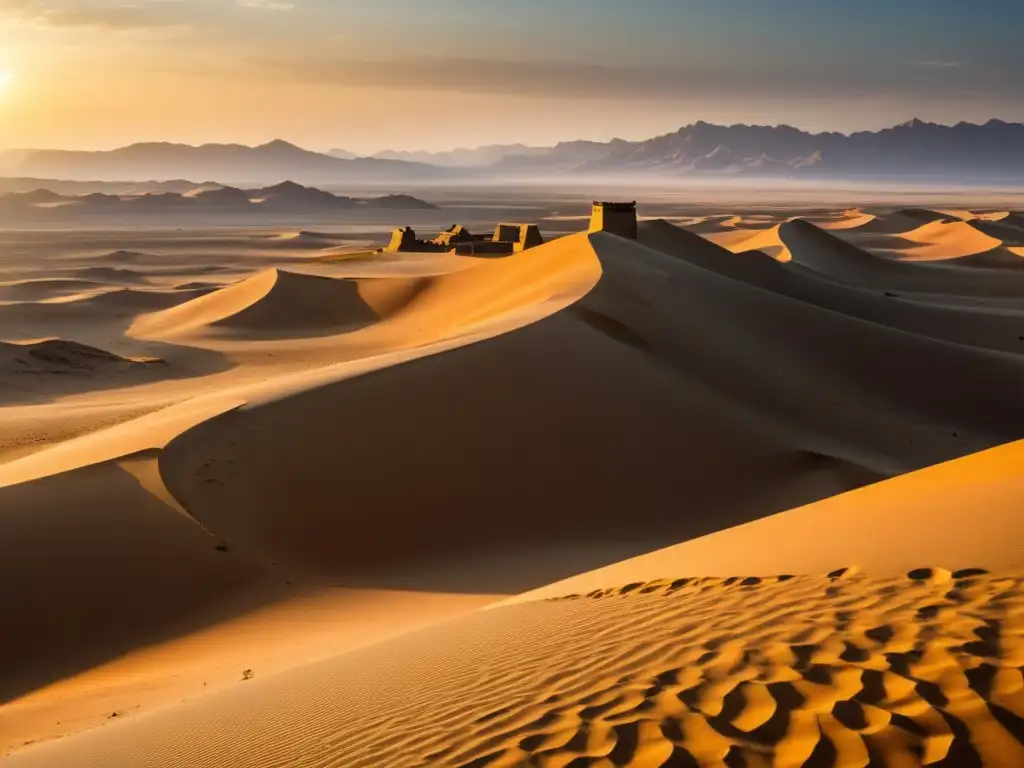 Un paisaje desértico con dunas de arena y ruinas de la arquitectura mongol antigua bajo el cálido resplandor del atardecer