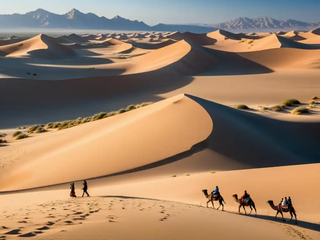 Un paisaje desértico vasto y árido, con dunas y vegetación escasa bajo un cielo azul