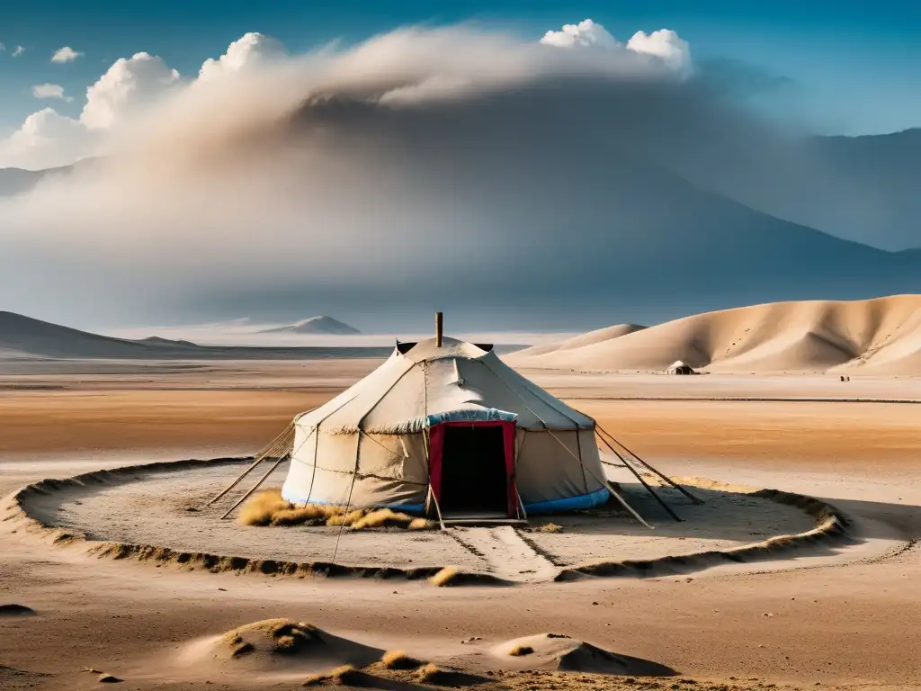 Un paisaje desolado en Mongolia: tierra reseca, lecho de río agrietado, polvo en el horizonte y una yurta solitaria