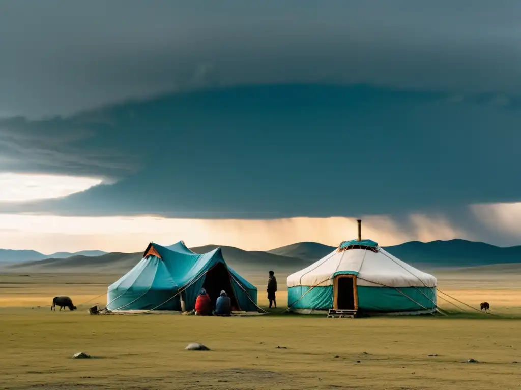 Un paisaje desolado en Mongolia con una yurta solitaria, una familia preocupada y el impacto financiero del declive del imperio mongol