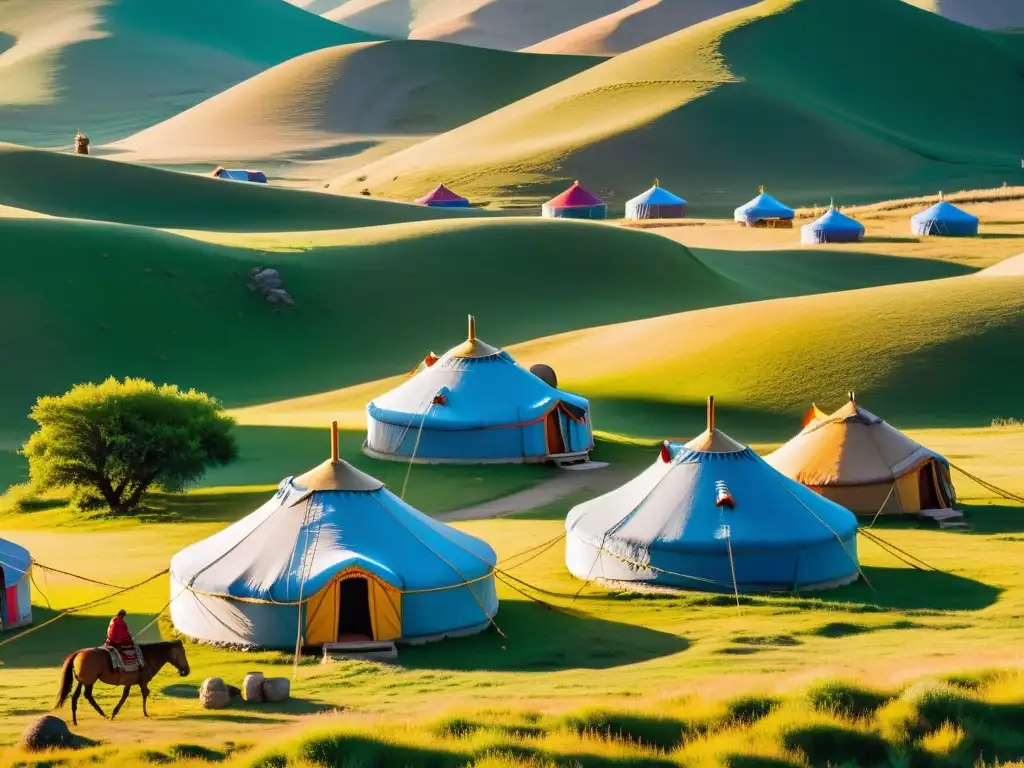 Un paisaje detallado de un campamento tradicional mongol, con yurtas decoradas, jinetes y una conexión profunda con la Historia del Imperio Mongol