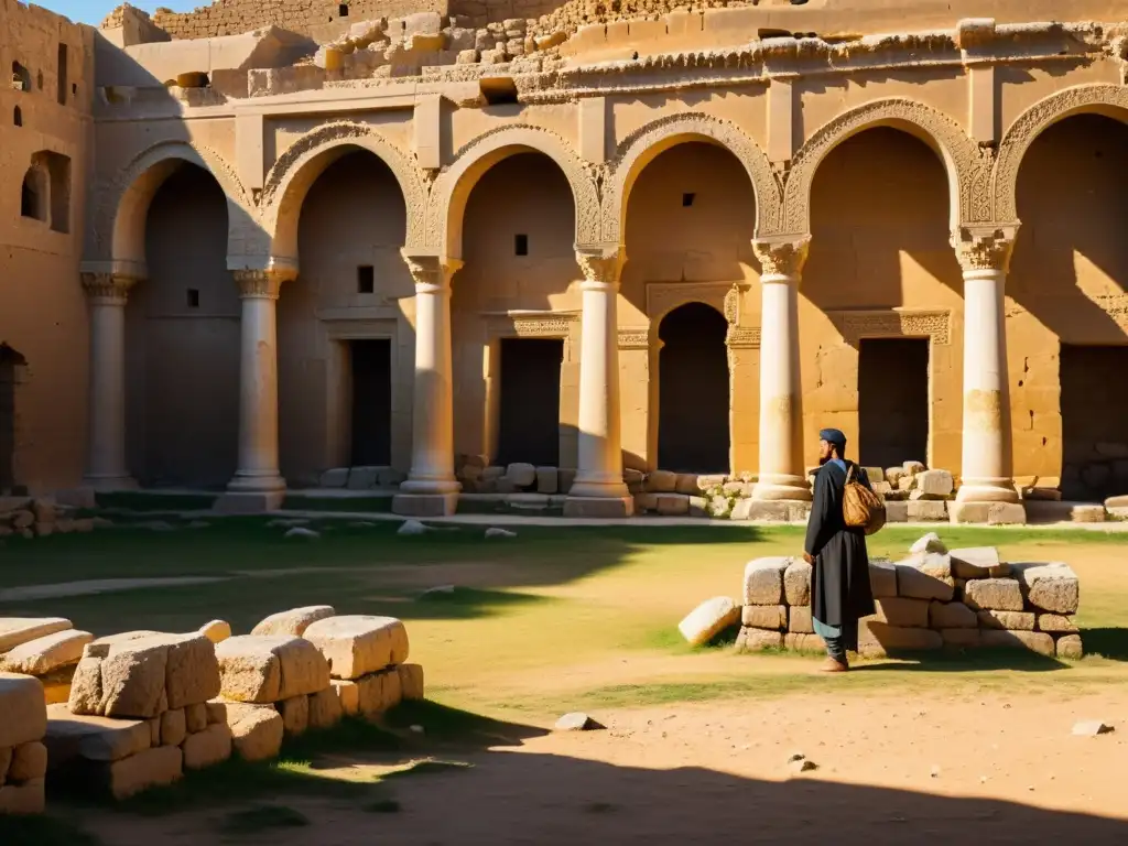 Un paisaje detallado de las ruinas del antiguo Khwarezm, bañado por la luz dorada del sol