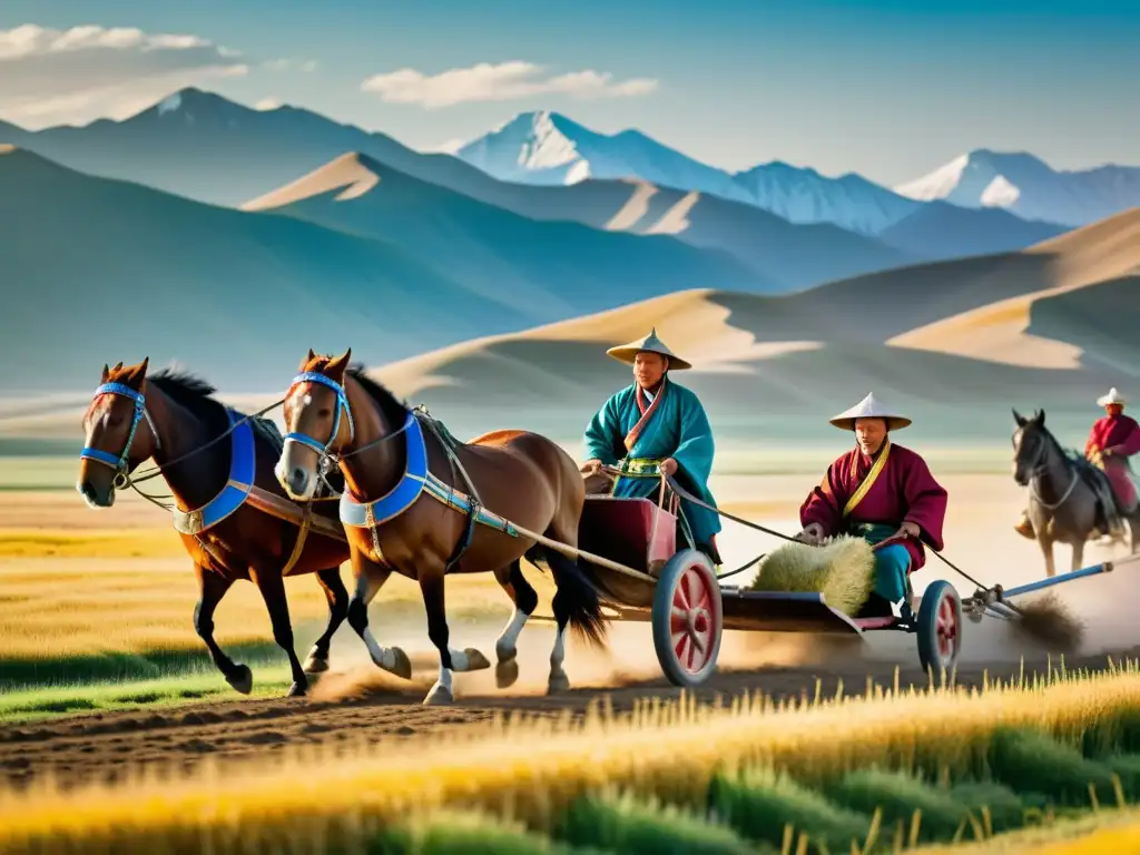 Arado tradicional mongol tirado por caballos en la estepa dorada Un paisaje dorado de Mongolia con un arado jalado por caballos y granjeros vestidos con atuendo tradicional
