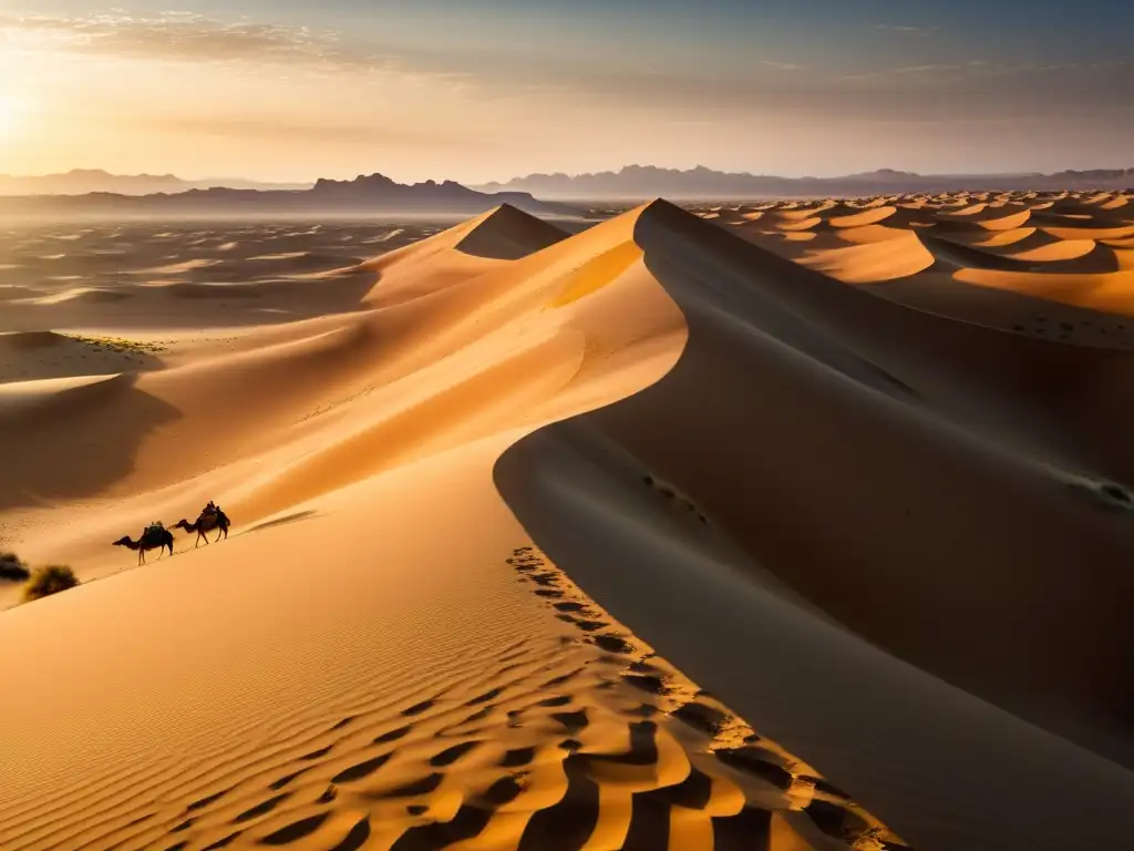 Un paisaje dorado y vasto del desierto con antiguas rutas comerciales y caravanas, evocando la influencia mongola en la Ruta de la Seda