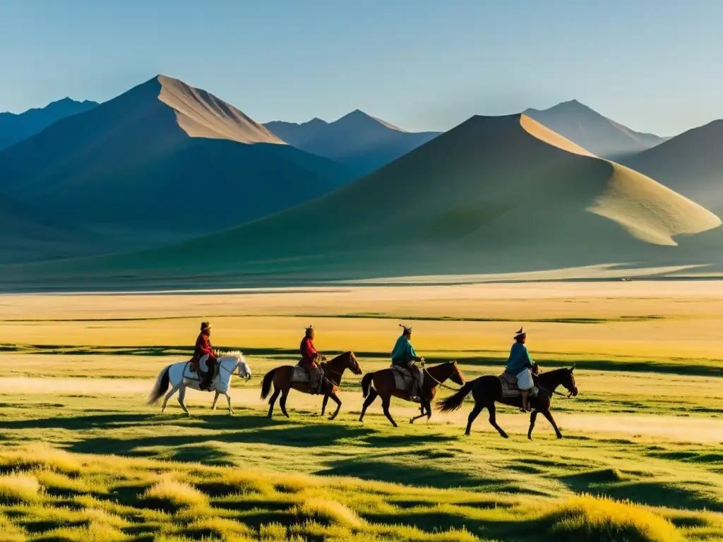 Un paisaje épico de la estepa mongol con un campamento nómada y los imponentes Montes Altai al fondo