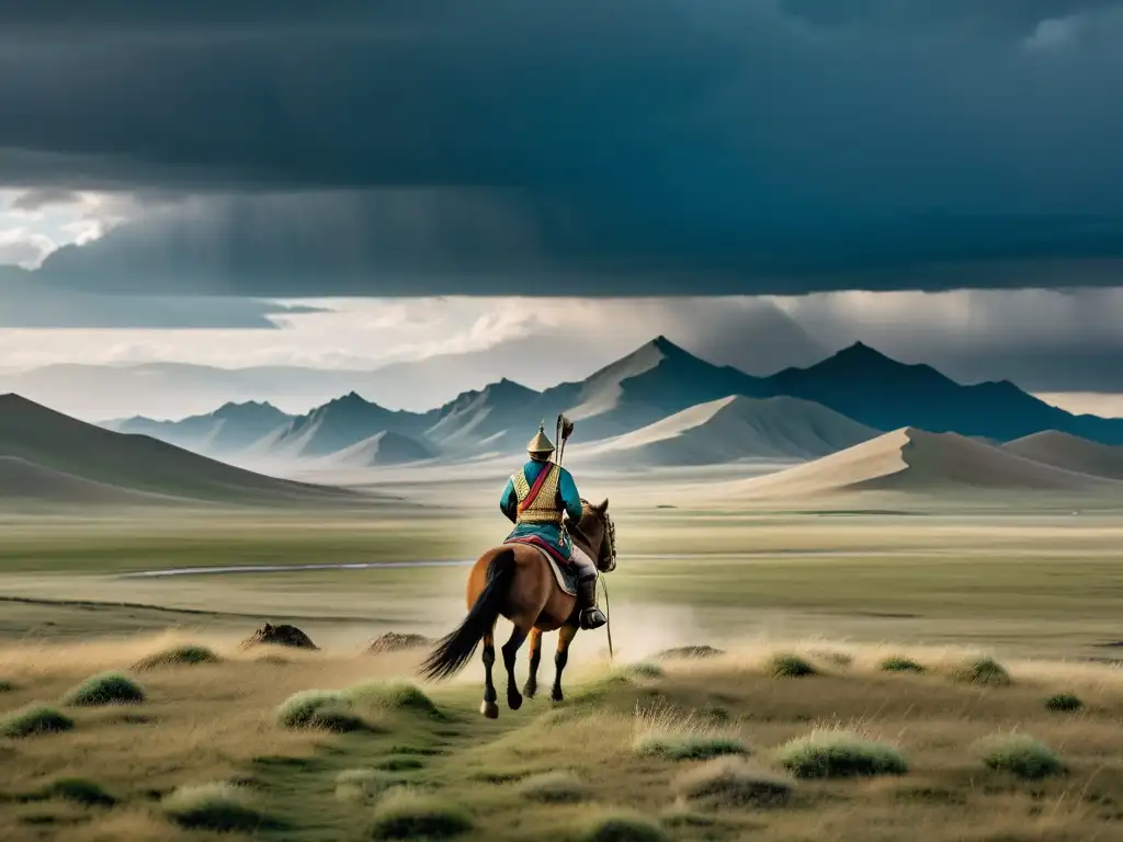 Espíritu de Tolui Khan: guerrero mongol a caballo en la estepa Un paisaje épico de la estepa mongol bajo un cielo nublado, con un jinete solitario en silueta