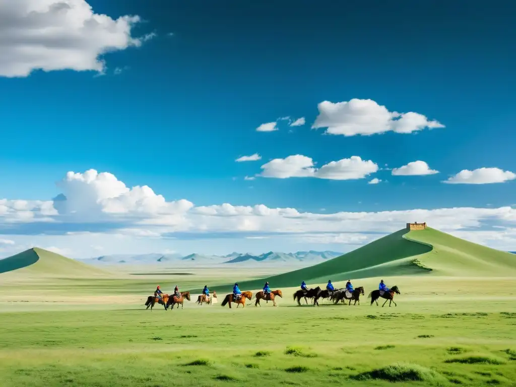 Un paisaje épico de la Estepa Mongol, con colinas verdes salpicadas de yurtas nómadas y jinetes a caballo, reflejando el legado épico de Genghis Khan