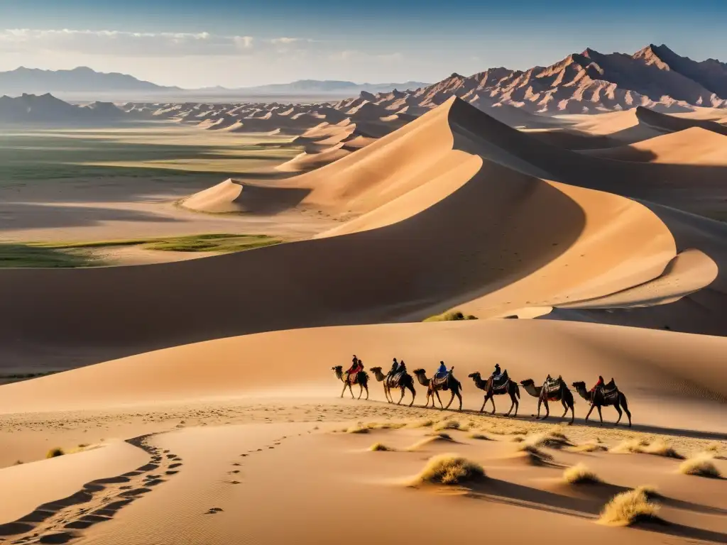 Un paisaje épico del Desierto de Gobi donde una caravana de camellos recorre las dunas, evocando la historia del Imperio Mongol